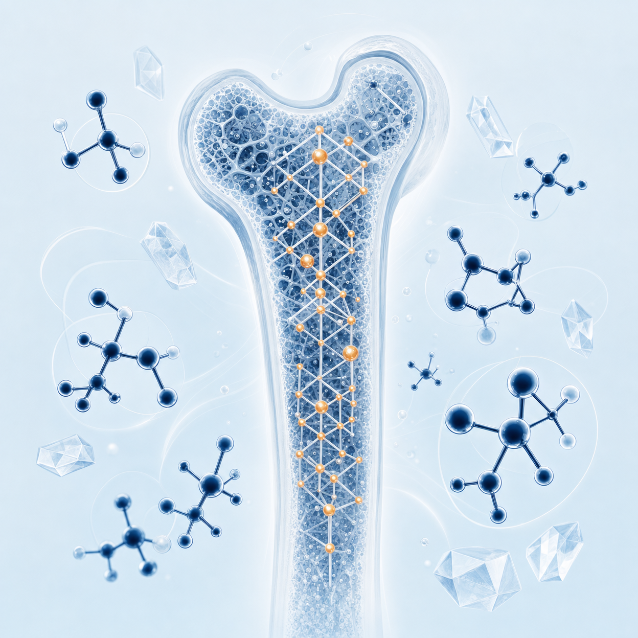Bone cross-section with calcium lattice and K2 molecules