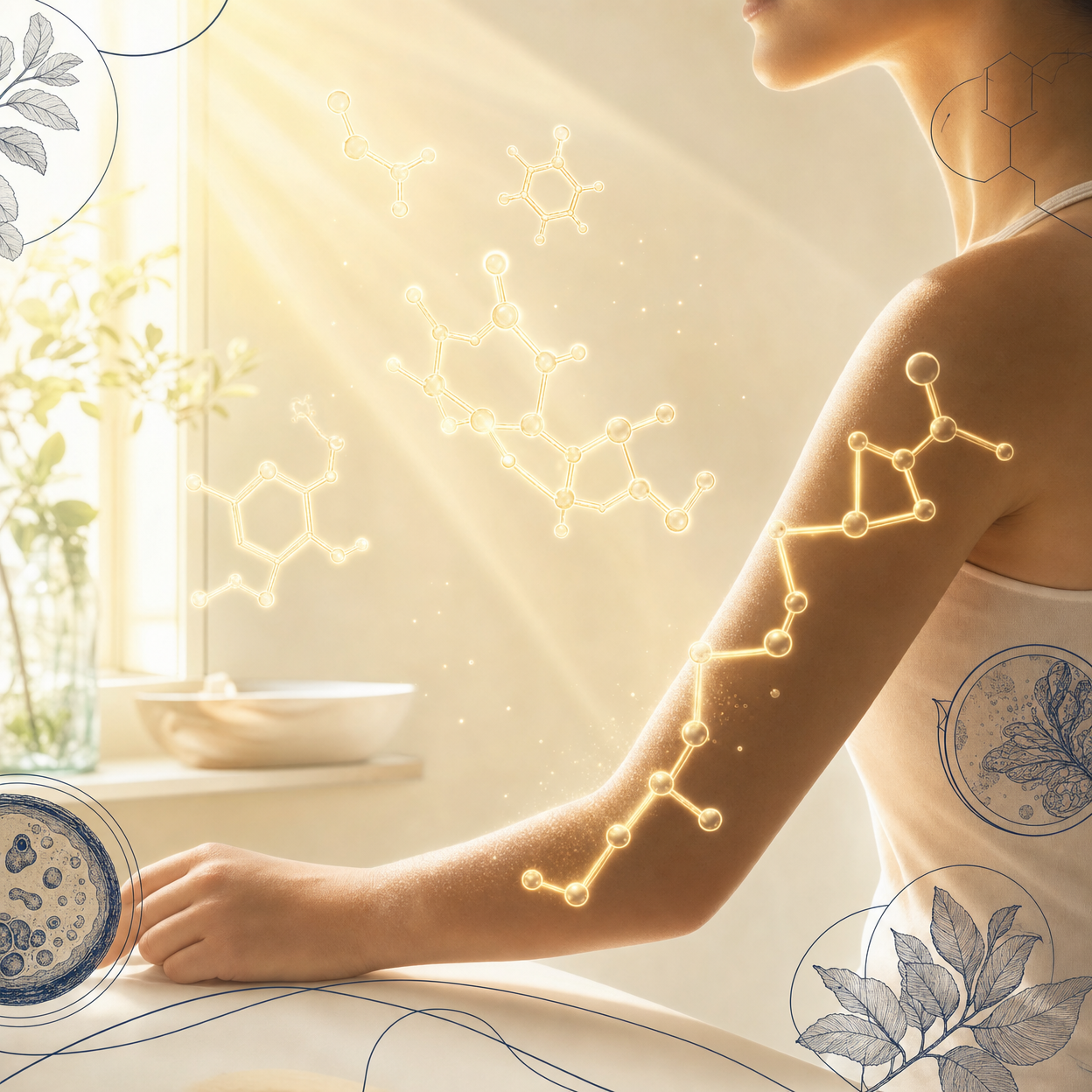 Sunlight streaming onto arm with D3 molecule diagrams