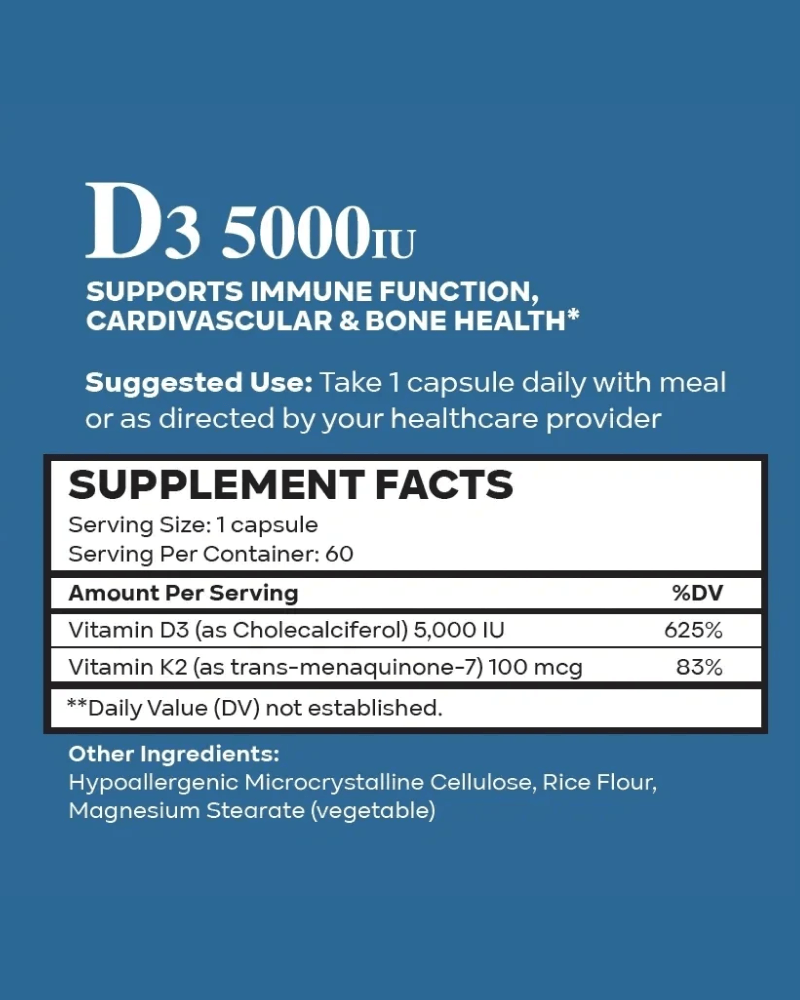 SaBio Therapeutics D3 5,000 with K2 supplement facts label