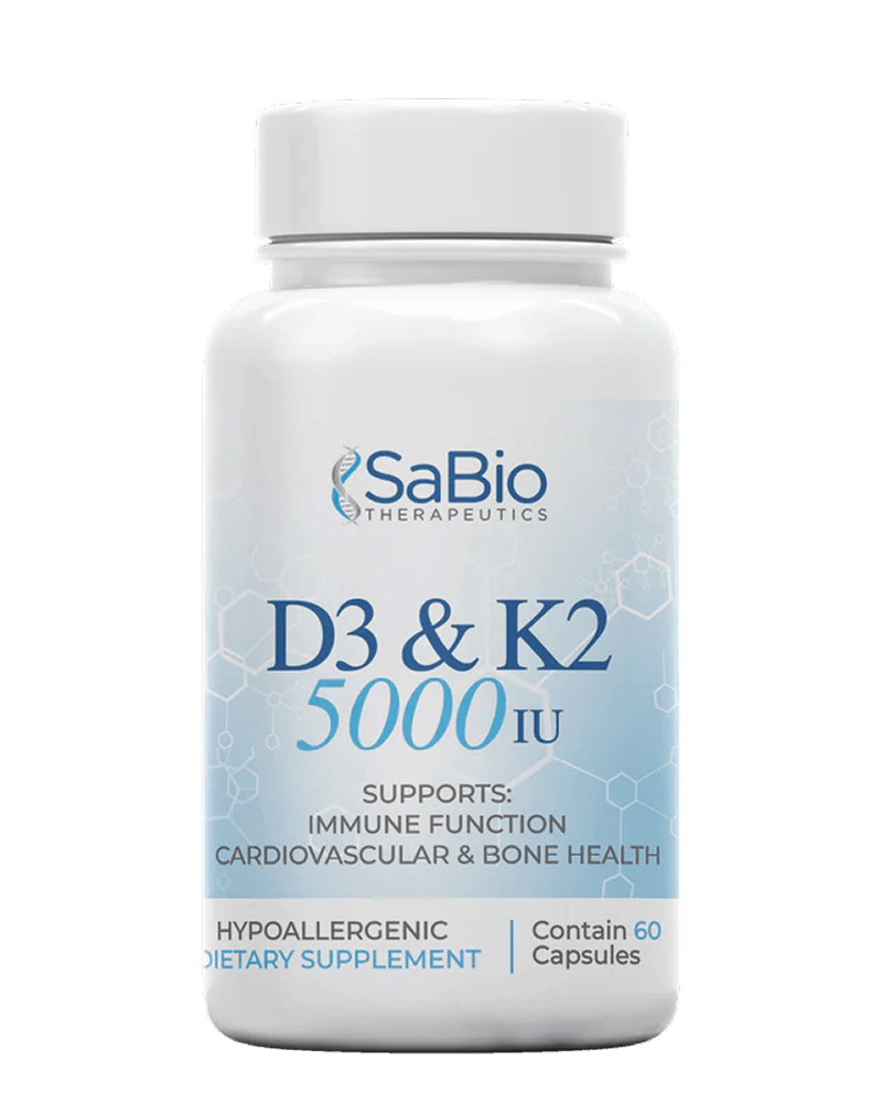 SaBio Therapeutics D3 5,000 with K2 bottle, front