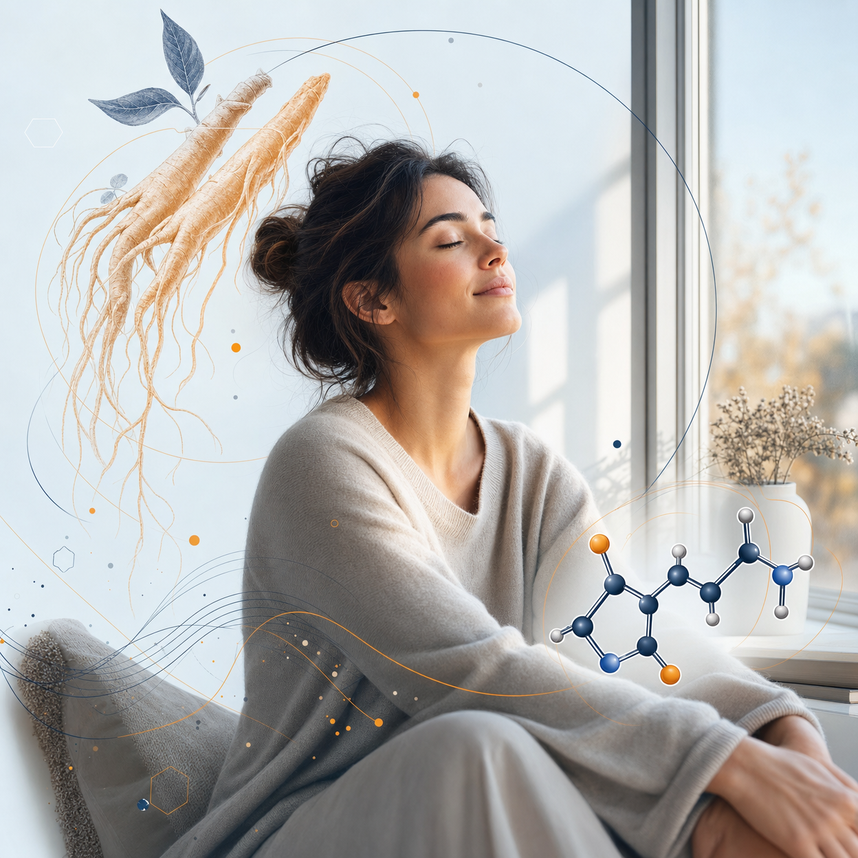 Woman sitting calmly with adaptogen root and molecule diagrams