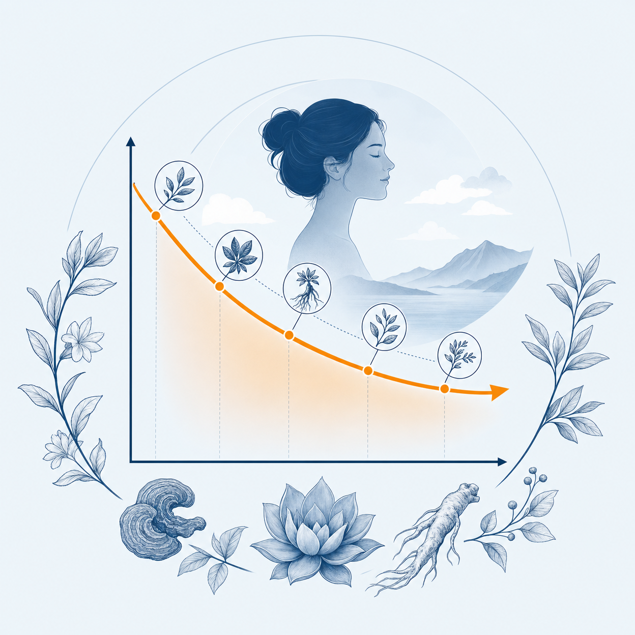 Cortisol curve descending with adaptogen leaf icons