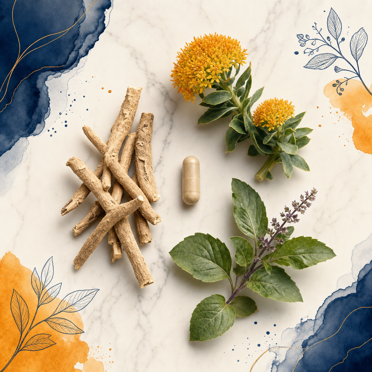 Ashwagandha root, rhodiola and holy basil on marble